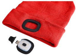 Berretto con torcia frontale 180 lm, ricaricabile, USB, taglia unica, cotone/PE, rosso
