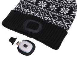 Cappello con lampada frontale 180 lm, ricaricabile, USB, taglia unica, cotone/PE, invernale nero