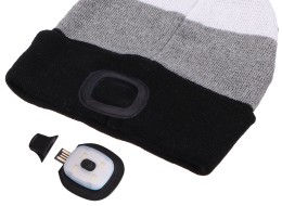 Berretto con torcia frontale 180 lm, ricaricabile, USB, taglia unica, cotone/PE, nero/grigio/bianco