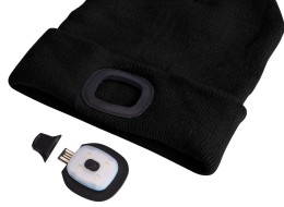 Berretto con torcia frontale 180 lm, ricaricabile, USB, taglia unica, cotone/PE, nero con pompon
