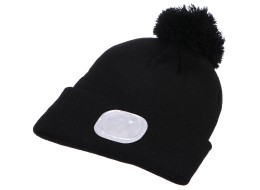 Berretto con torcia frontale 180 lm, ricaricabile, USB, taglia unica, cotone/PE, nero con pompon