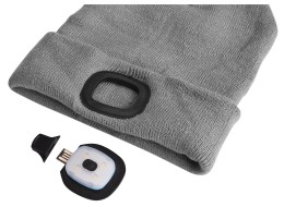 Berretto con torcia frontale 180 lm, ricaricabile, USB, taglia unica, cotone/PE, grigio chiaro