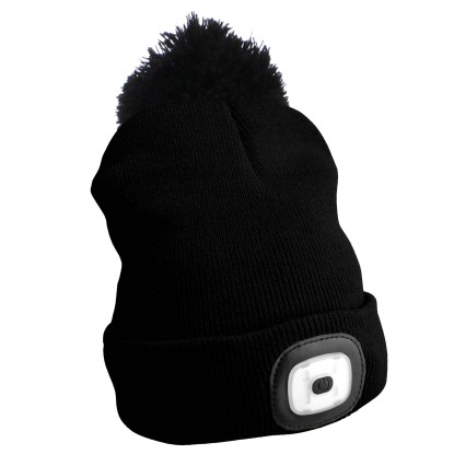 Berretto con torcia frontale 180 lm, ricaricabile, USB, taglia unica, cotone/PE, nero con pompon