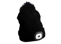 Berretto con torcia frontale 180 lm, ricaricabile, USB, taglia unica, cotone/PE, nero con pompon